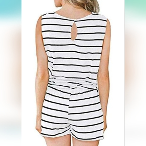 YIBOCK Casual Sleeveless Button Down Striped Short Jumpsuit Henley Romper - Picture 14 of 15